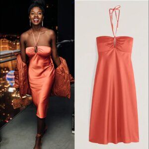 Abercrombie & Fitch Orange Satin Halter Slip Midi Dress